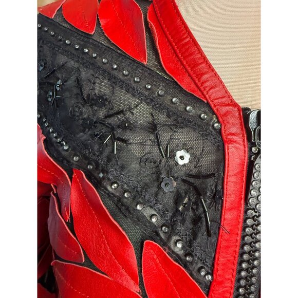 VTG Artsty Mesh Red Black Leather Leaf Applique Studded Designer Jacket Lg Read - Picture 2 of 12
